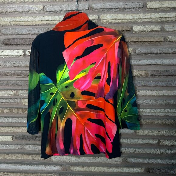 Valentina Colorful Leaf Design Full Zip Mesh Bling Top Jacket Size Medium - Picture 3 of 10